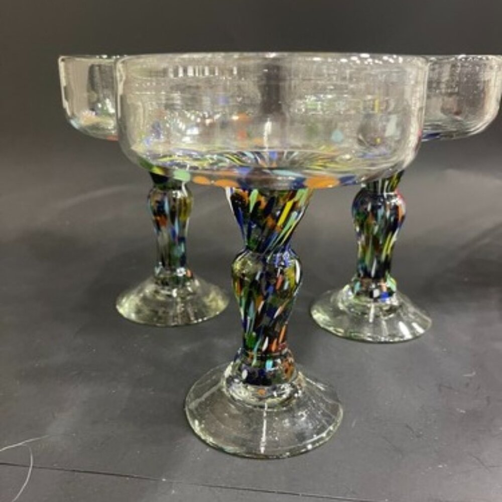 Set of 3 Mexican Hand-Blown Margarita Glasses - Colorful Confetti Glass - 16 oz